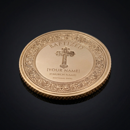 Personalized Brass Baptism Coin (50mm) - Ornate Floral | Sacred Etch