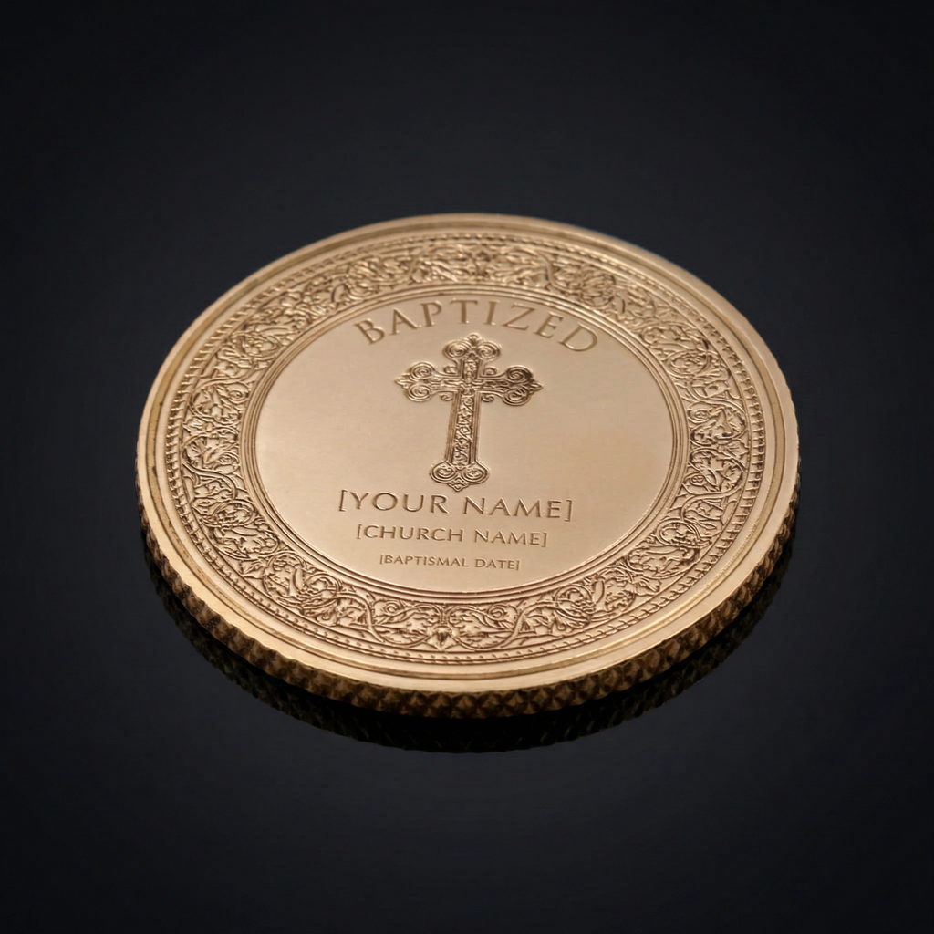 Personalized Brass Baptism Coin (50mm) - Ornate Floral | Sacred Etch