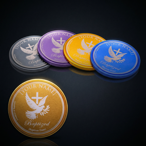 Personalized Dove & Cross Baptism Coin (40mm Anodized Aluminum) | Sacred Etch
