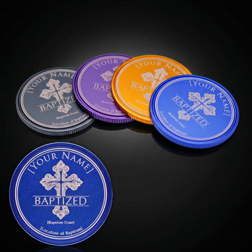 Personalized Classic Ornate Cross Baptism Coin (40mm Anodized Aluminum) | Sacred Etch