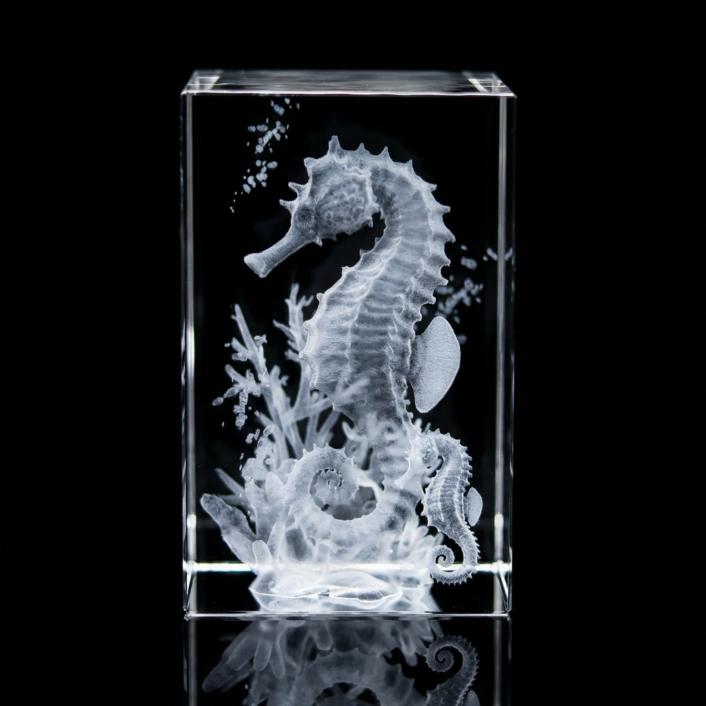 3D Laser Etched Crystal Rectangle Seahorses Coral Scene