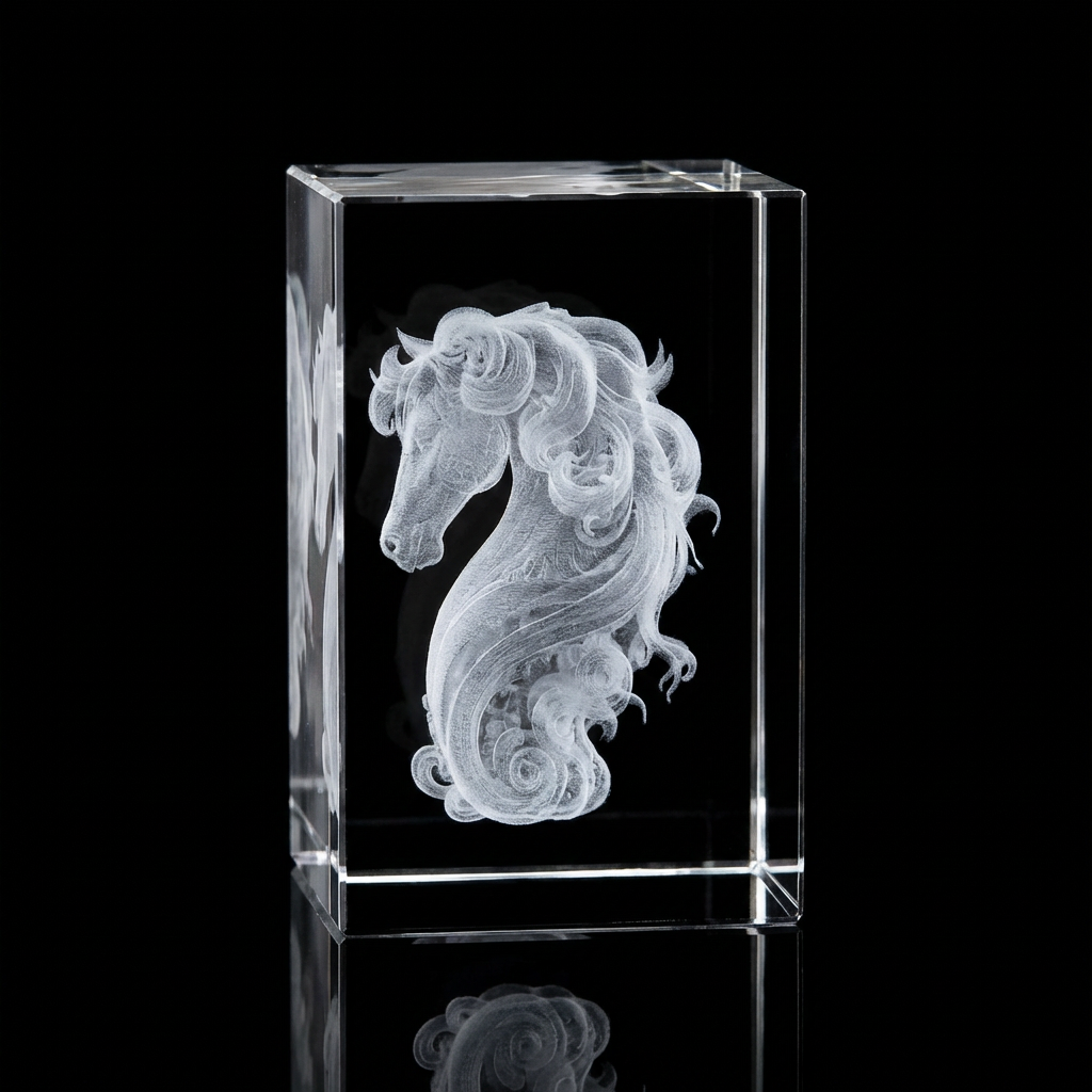 3D Laser Etched Crystal Rectangle Horse Bust Scene