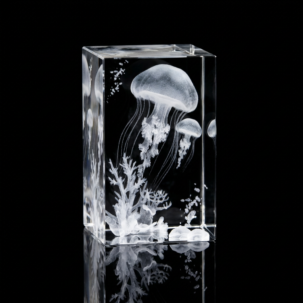 3D Laser Etched Crystal Rectangle Jellyfish Reef Scene