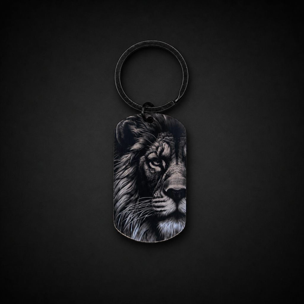 Majestic Lion Laser Engraved Keychain (Black Stainless Steel Dog Tag) | Sacred Etch