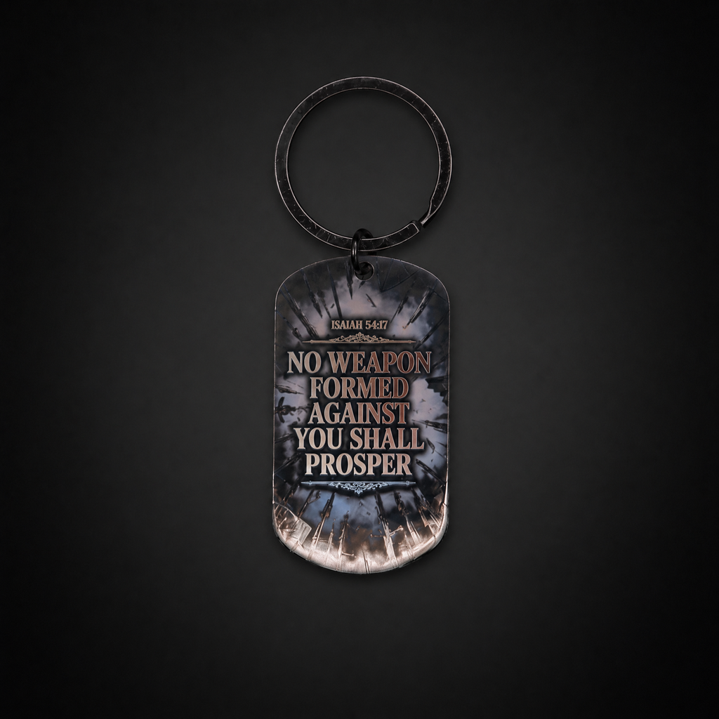 No Weapon Formed Scripture Keychain (Isaiah 54:17) - Black Stainless Steel | Sacred Etch