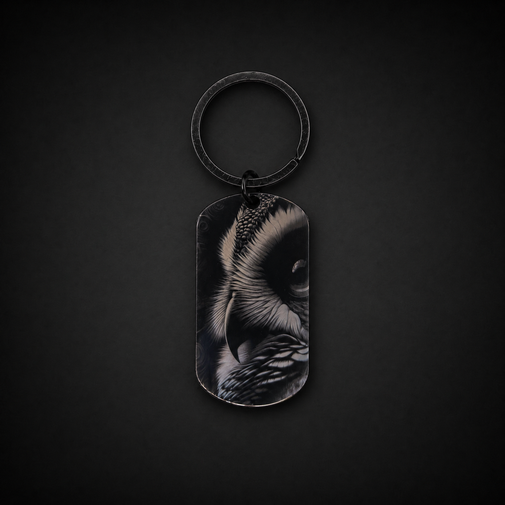 Midnight Owl Laser Engraved Keychain (Black Stainless Steel Dog Tag) | Sacred Etch