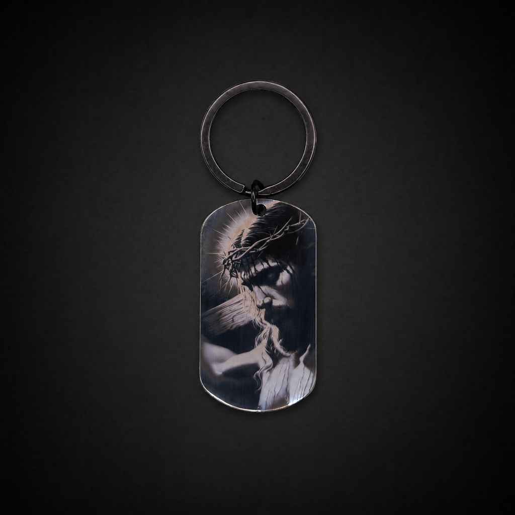 Eternal Cross Laser Engraved Keychain (Black Stainless Steel Dog Tag) | Sacred Etch
