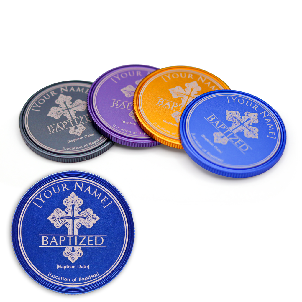 Ornate Cross Baptism Coin - Personalized 40mm Anodized Aluminum Keepsake with Clear Pouch