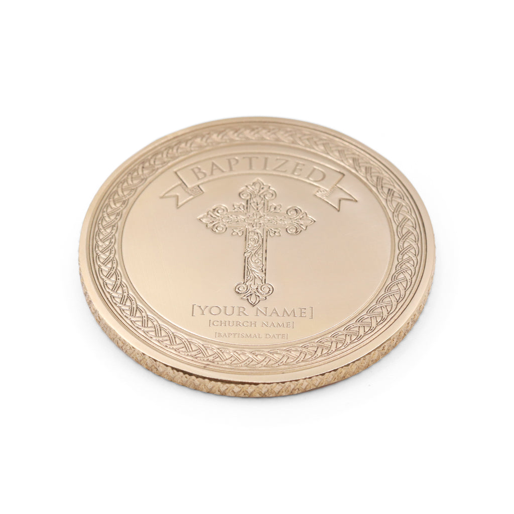 Personalized Baptism Coin - 50mm Brass with Celtic Knot Border
