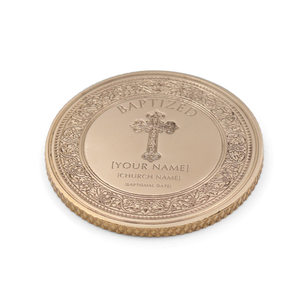 Personalized Baptism Coin - 50mm Brass with Ornate Floral Border