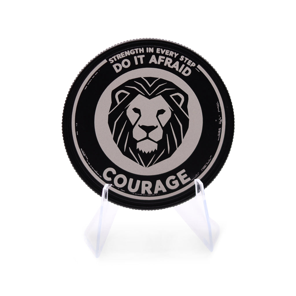 Sacred Etch "Courage" Coin – Limited Edition 50mm Black Anodized Aluminum