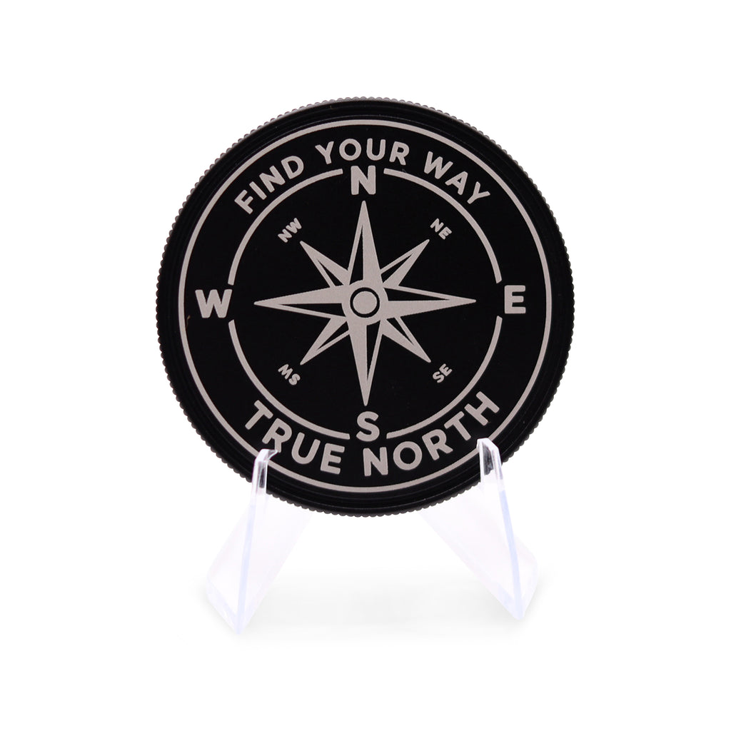 Sacred Etch "True North" Coin – Limited Edition 50mm Black Anodized Aluminum