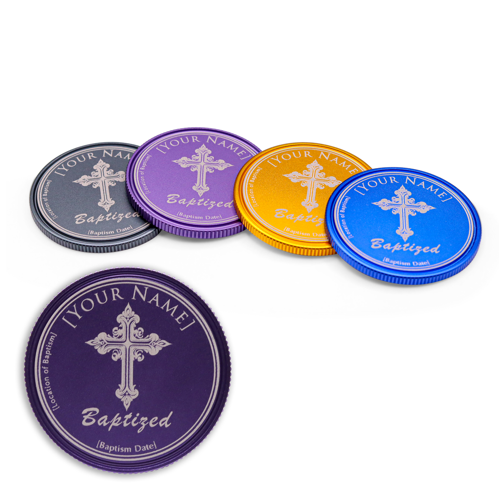 Classic Ornate Cross Baptism Coin - Personalized 40mm Anodized Aluminum Keepsake with Clear Pouch