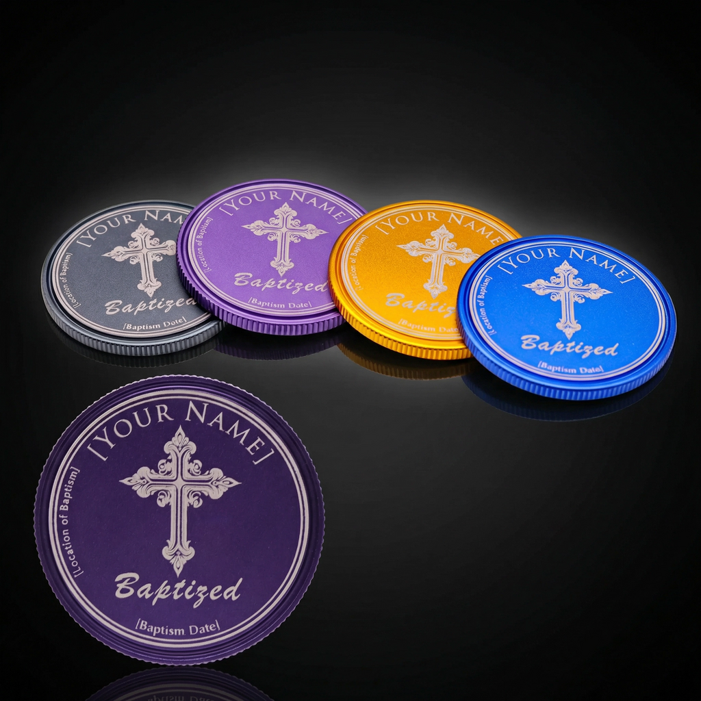 Personalized Classic Ornate Cross Baptism Coin (40mm Anodized Aluminum) | Sacred Etch