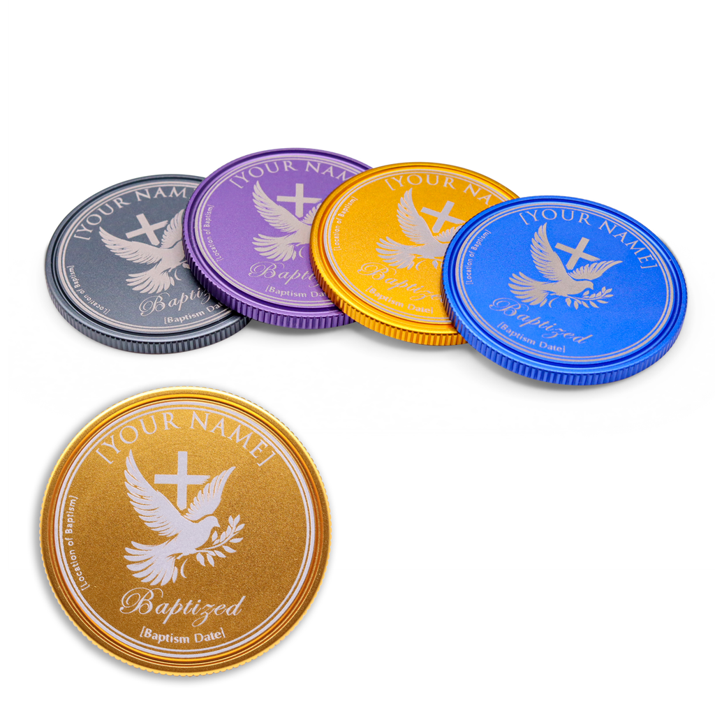 Dove & Cross Baptism Coin - Personalized 40mm Anodized Aluminum Keepsake with Clear Pouch