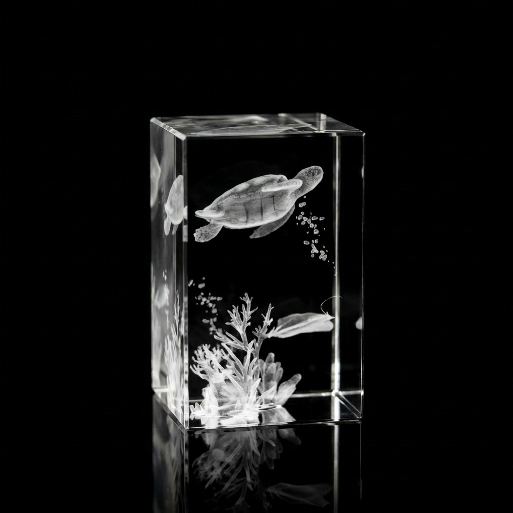3D Laser Etched Crystal Rectangle Sea Turtle and Sting Ray Scene