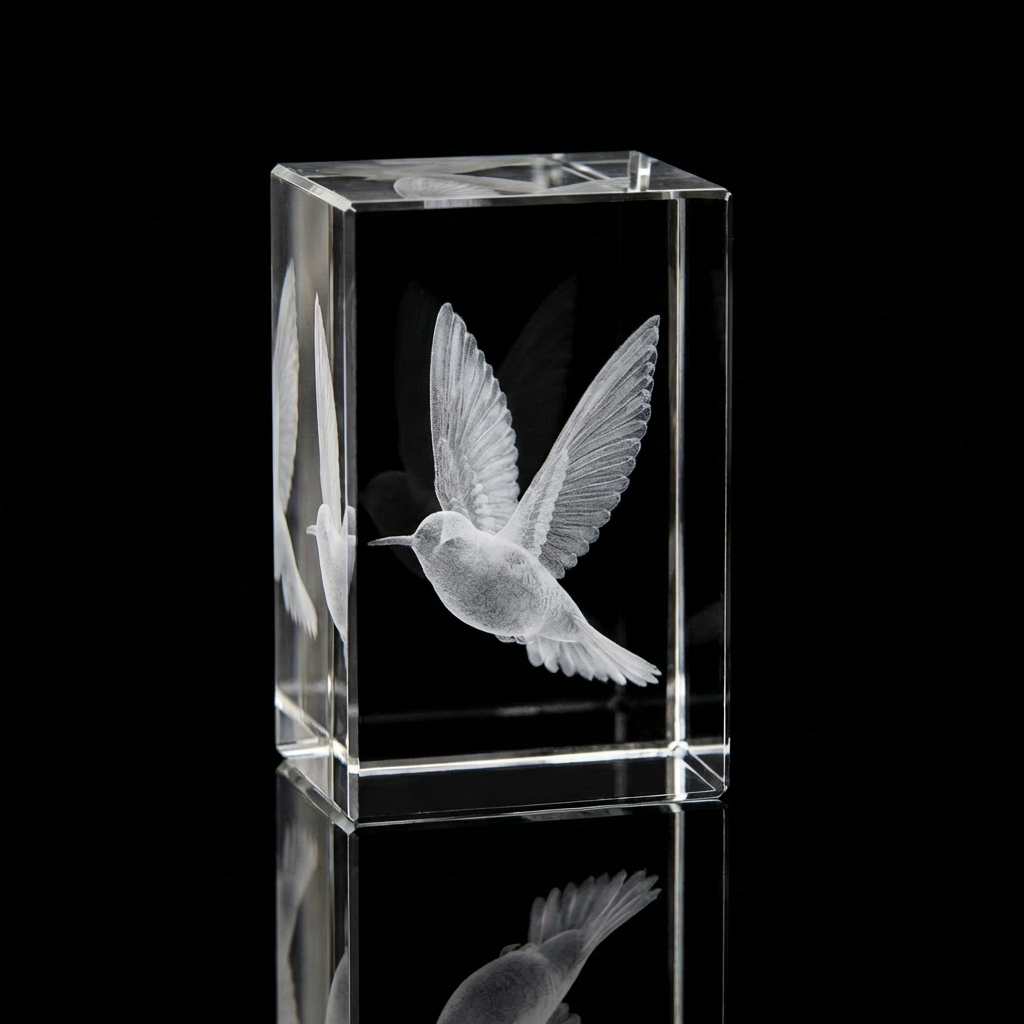 3D Laser Etched Crystal Rectangle Hummingbird Scene